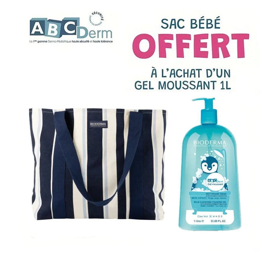 BIODERMA ABCDERM GEL NETTOYANT MOUSSANT DOUX 1 L = SAC À BÉBÉ OFFERT