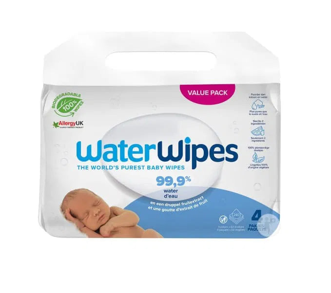 WATERWIPES - PACK 4 X 60 LINGETTES À L’EAU POUR BÉBÉS À PEAUX SENSIBLES